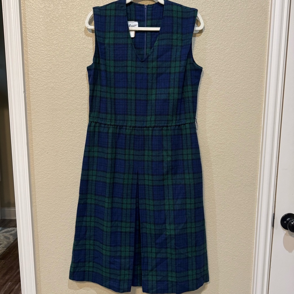 Vintage Yves Jennet Plaid Sleeveless Dress V Neck Pleated Wool Blend L